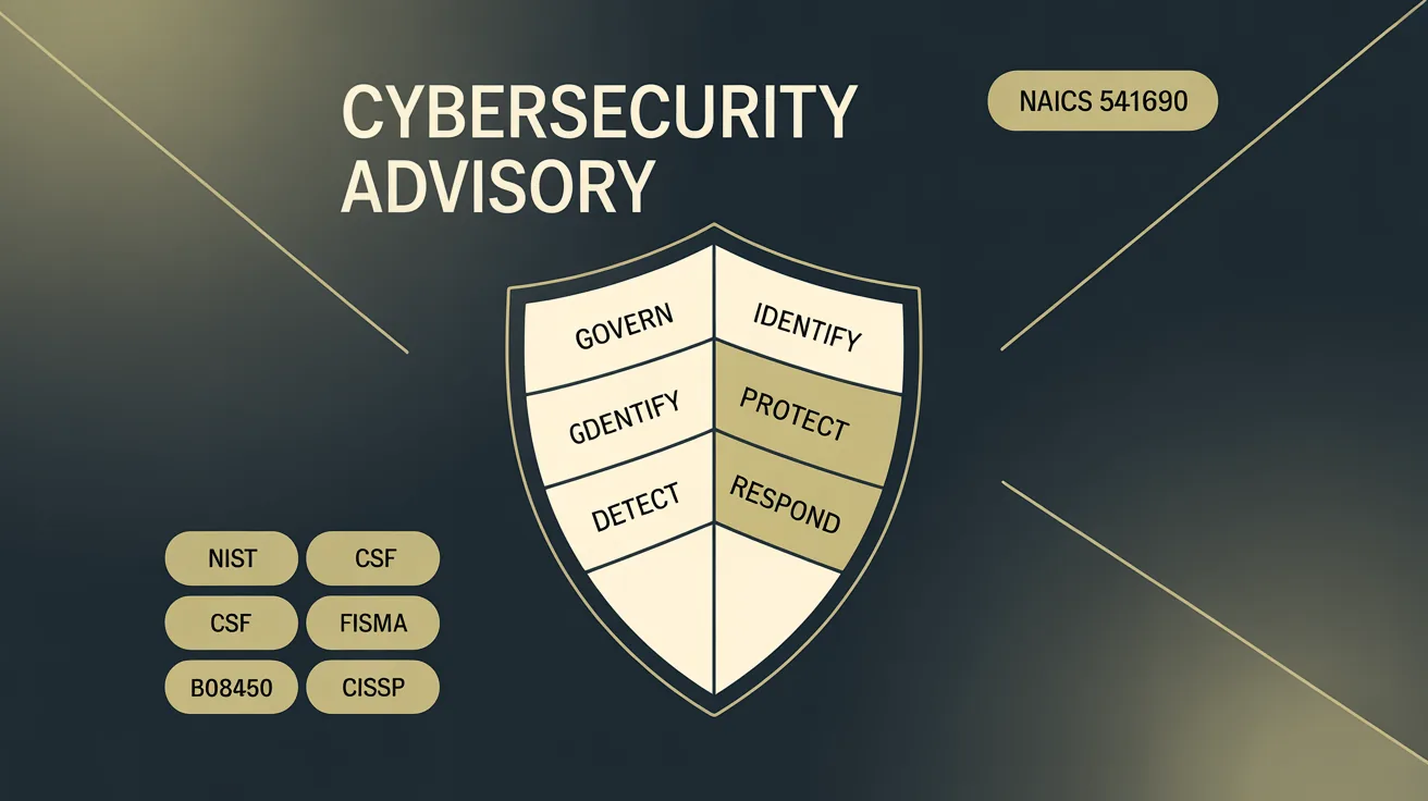 Federal cybersecurity and technical advisory capability diagram. NAICS 541690, NIST CSF, FISMA, CISSP