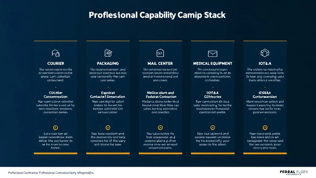 JTJRE Corp capability stack — five federal contracting pillars: courier, packaging, mail center, medical equipment, IOT&A