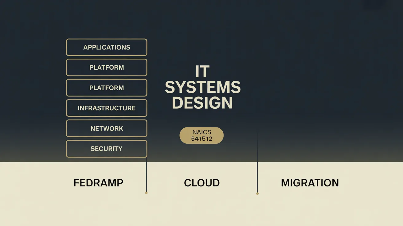 Federal IT systems design capability diagram. NAICS 541512, FedRAMP, cloud, migration