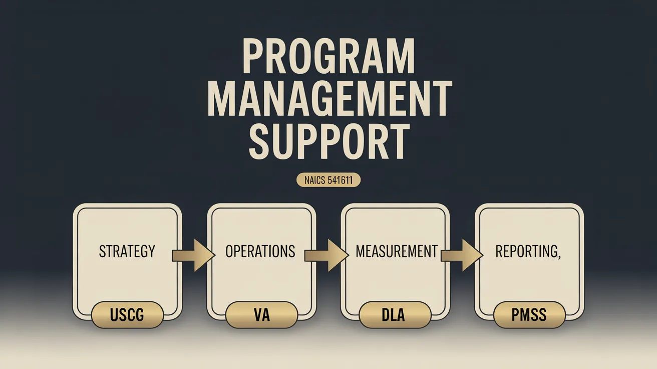Federal program management support services capability diagram. NAICS 541611, USCG, VA, DLA, PMSS workflow